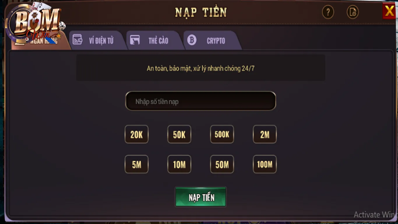 Nạp tiền BomWin thông qua kênh ngân hàng trực tuyến