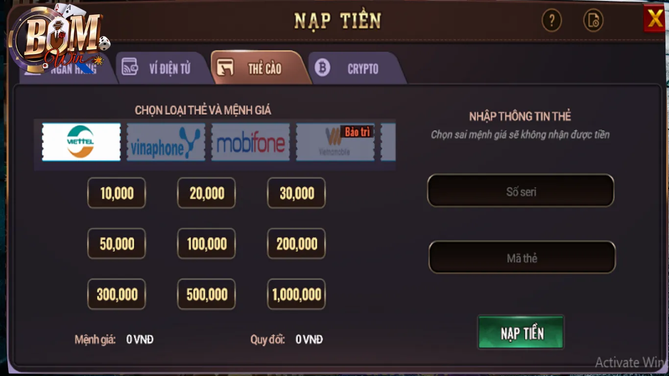 Nạp tiền BomWin thông qua kênh thẻ cào điện thoại